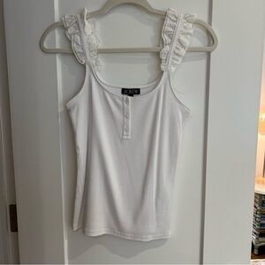 J. Crew White Ribbed Tank with Ruffle Shoulder Straps